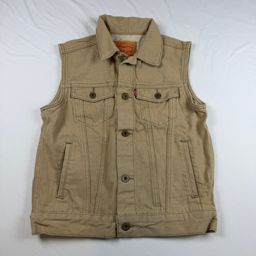 Levis Boys Tan Denim Trucker Vest Khaki Cotton Sleeveless Jacket Size M 10-12